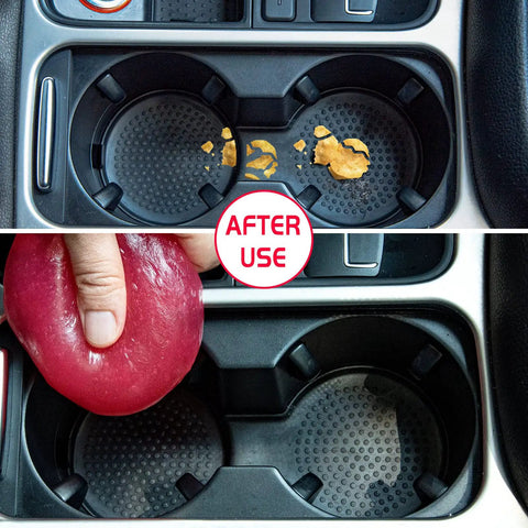 Before and after comparison of a car cup holder cleaned with Rose Red Car Cleaning Gel Putty For Detailing And Interior Cleaning Reusable Slime Reaches Nooks And Crannies In Your Car Auto Cleaning Kit Keyboard Cleaner.