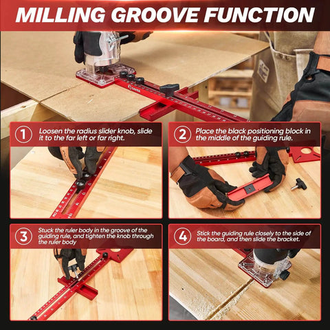 Pro Grade 4 In 1 Router Milling Groove Bracket for woodworking showing setup on wooden planks with instructions