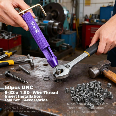 Stainless Steel Thread Repair Insert Kit With Coiled Wire Helical Inserts, 50 Pcs, 8 32UNC X 1.5D being installed