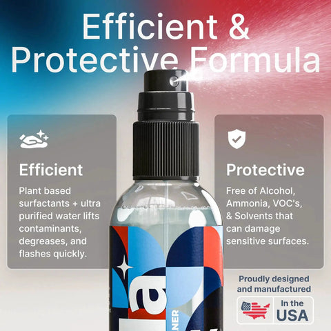 Close-up of Alcohol Free Glasses Cleaning Kit 8oz bottle with efficient and protective formula text on a designed backdrop.
