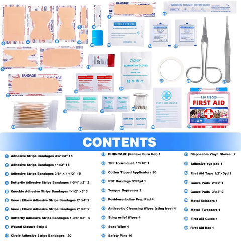 Contents of All In One 150 Piece Emergency First Aid Kit For Home Car Travel Camping Hiking Sports Office And Vehicle Use