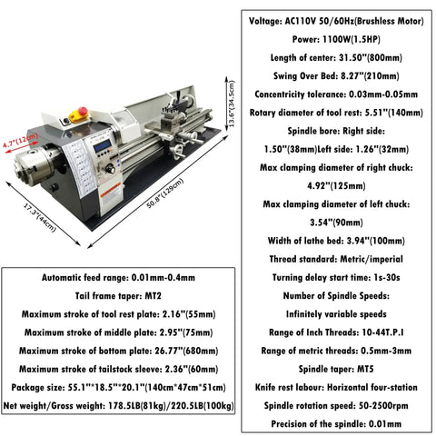Gearless 8x32 Metal Lathe With Double Chuck For Imperial And Metric, detailed specifications, belt drive, panel controlled, for home.