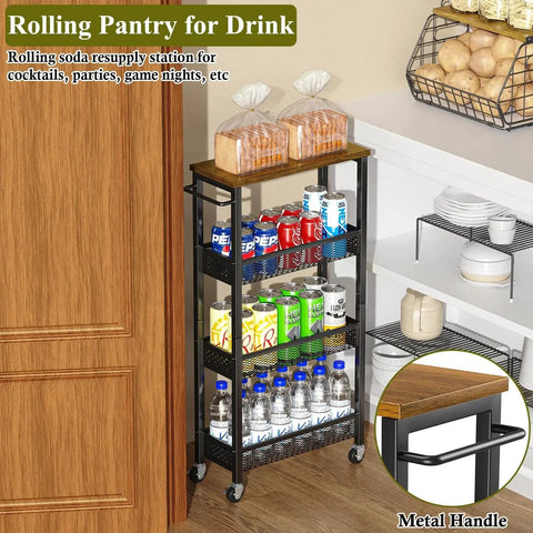 4 Tier Slim Rolling Storage Cart With Wood Top For Narrow Spaces Between Appliances in Small Kitchens, holding drinks and bread