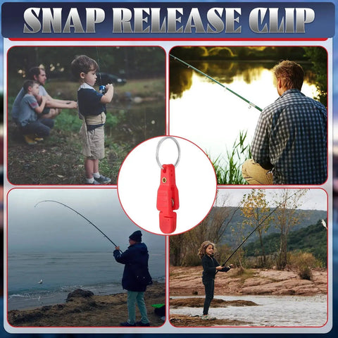Collage of people fishing with red clip, featuring Heavy Tension Snap Release Clips Padded Trolling Clips With Key Ring For Weight Planer Boards Offshore Kites Downrigger Fishing Red Classic 20 Pack Built Tough For Saltwater And Freshwater Use Easy Release And Durable Seawater Safe Honoson