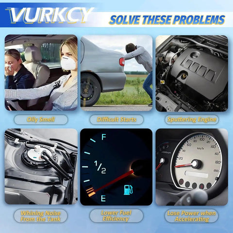 Collage showing car maintenance issues like difficult starts, sputtering engine, and fuel level indicators related to electric fuel pump problems.