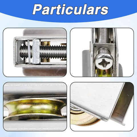 Close-up view of Two Pack Sliding Patio Door Rollers With 1-1/2 Inch Steel Ball Bearings, Adjustable Wheel Height For Smooth Quiet Operation, Replacement Rollers For Popular 1992 And Later Sliding Doors, Easy To Install And Built For Long Lasting Durability highlighting parts and mechanisms.