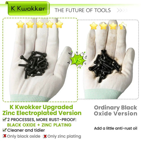 Comparison of K Kwokker zinc electroplated screws and ordinary black oxide screws in gloved hands, highlighting rust-proof features.
