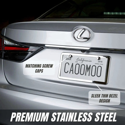 Stainless Steel License Plate Frame Set With Chrome Screw Caps Slim 2 Hole Design Rustproof Mirror Silver Finish on car