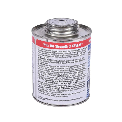 Back view of 16 oz can of Megaloc Multi-Purpose Thread Sealant For Pipes And Fittings, Blue Liquid Paste, Kevlar Reinforced, Odorless, Nonflammable