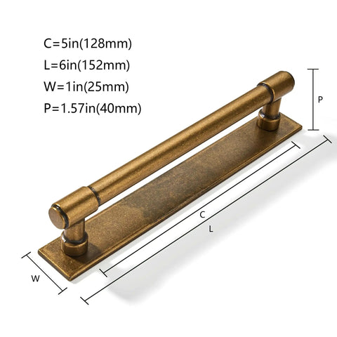 Five Pack Five Inch Center To Center Champagne Bronze Finish Cabinet Pulls With Backplates And Base Plates Zinc Alloy Vintage Kitchen Drawer Hardware Includes 8 32 By 1 Inch And One And A Half Inch Screws, detailed view of cabinet pull with dimensions.