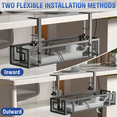 Under Desk Cable Tray With No Drill Installation, 15.75 Inch Heavy Duty Metal Cord Organizer shown with two mounting options, inward and outward