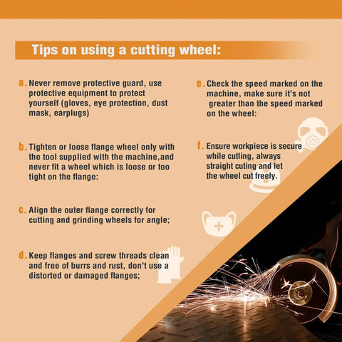Illustration of cutting wheel safety tips with text, gloves, and sparks from metal cutting, angle grinder wheel shown in use.