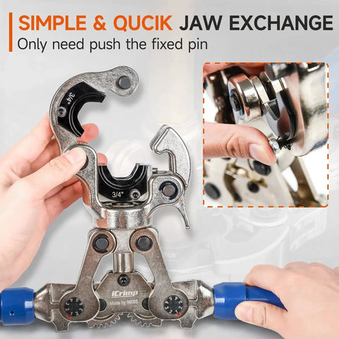ProPress Copper Pipe Press Tool Kit showing crimper jaw exchange with close-up on jaw mechanism by IWISS