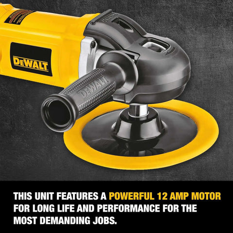 Beast Mode Heavy Duty Corded Car Buffer Polisher, yellow and black, 12 Amp motor, view of cush grip gearcase and pad