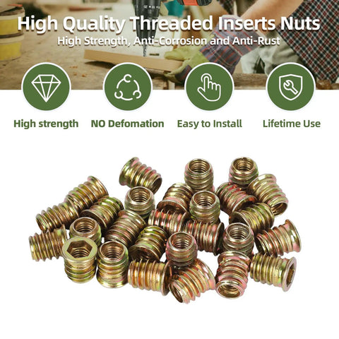 M8-1.25 Wood Threaded Inserts 25mm Long, 30 Pack With Hex Spanner, Zinc Plated Steel For Furniture And Woodworking Projects