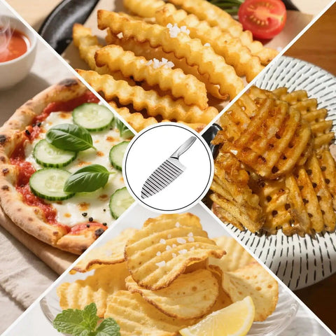 Stainless Steel Crinkle Cutter With Wavy Blade NOVANO For Fries And Potatoes Carrots And Fruit shown with crinkle-cut foods