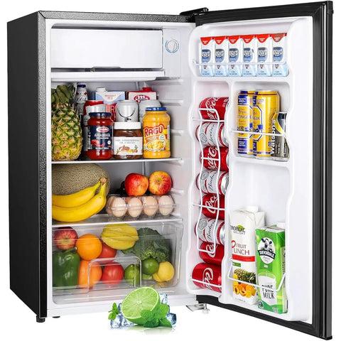 Open view of 3.2 Cu Ft Single Door Mini Fridge With Freezer For Dorm Office Bedroom Black fully stocked with food and drinks