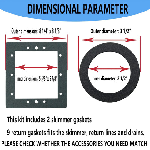 Replacement Above Ground Pool Skimmer And Return Gasket Kit 863000 Fits Fanta Sea Kayak Pools with dimensions and compatibility chart