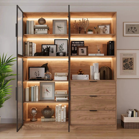 Walnut Display Cabinet With Glass Doors And Three Drawers App Controlled LED Lights Tall Bookcase in living room.