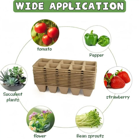 240 Cell Seed Starter Tray Kit with Biodegradable Peat Pots and Germination Trays Organic Seed Starting System Includes 24 Labels and 2 Transplant Tools for Easy Root Friendly Plant Start stacked trays with application icons for tomato, pepper, strawberry, and more.