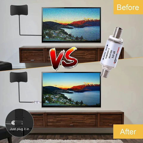Comparison of TV signal quality before and after using Ground Loop Isolator 2 Pack for TV Cable and Antenna Hum Buzz Noise Eliminator.