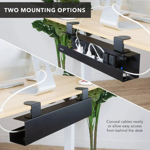 Under Desk Cable Management Tray Clamp-On No-Drill Metal Organizer for cords and wires, easy setup, shown on desk with cables.
