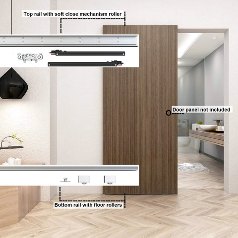 Concealed Trackless Sliding Barn Door Hardware Kit With Soft Close in modern interior, wall mount, no floor track, 34-inch rail shown.