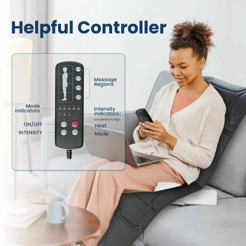 Woman using Full Body Massage Mat With Heat And Vibration Ten Motors Four Heating Zones 30 Minute Auto Shut Off Relaxation Pad