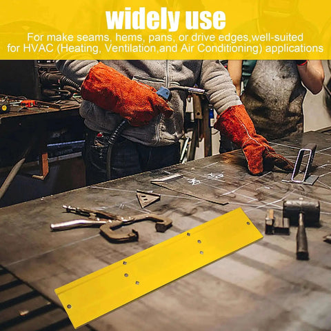 Heavy Duty 18 Inch Sheet Metal Bender Hand Tool For Duct Bending And Folding, on workbench with HVAC tools, rust resistant steel