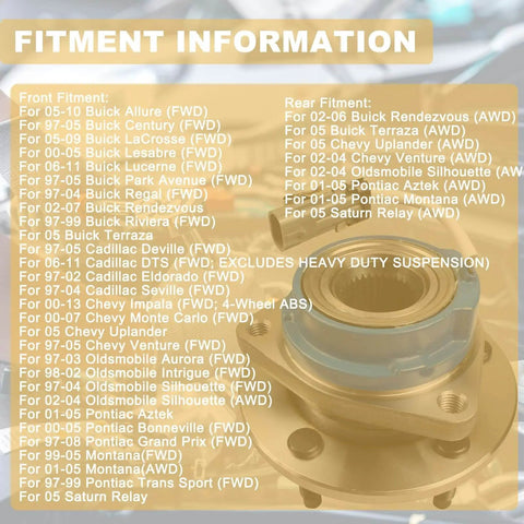 Fitment information for front or rear wheel hub bearing assemblies on Buick, Chevy, Cadillac, Pontiac models