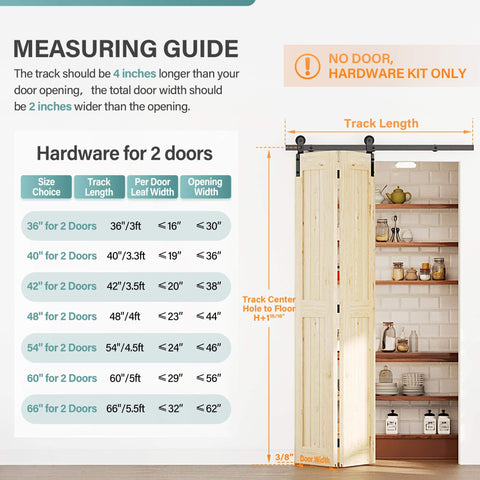 Measuring guide for Heavy Duty Bifold Barn Door Hardware Kit For Closet, 60 Inch Track Folding System, rustic style, doors not included.
