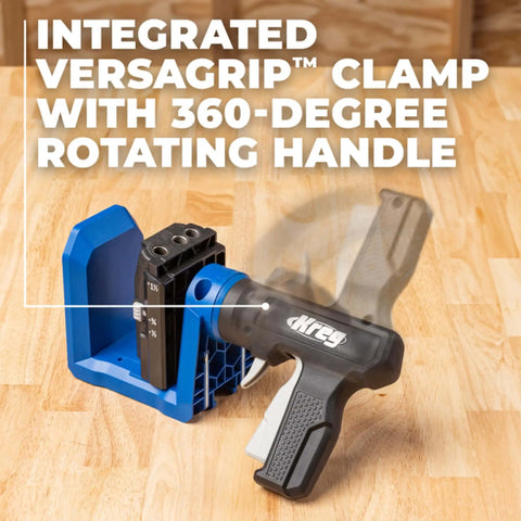 Pocket Hole Jig 520PRO With Easy Clamping And Adjusting, 360 Degree Rotating Handle, 260 Screws Included, Designed For Wood One Half Inch To One And A Half Inch Thick, Grab And Go Pocket Hole Joinery For Strong Fast Builds, showing clamping feature on wooden surface.