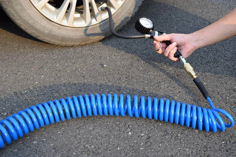 Polyurethane Recoil Air Hose One Quarter Inch Inner Diameter By Twenty Five Feet With Bend Restrictor And Industrial Quick Coupler And Plug Blue