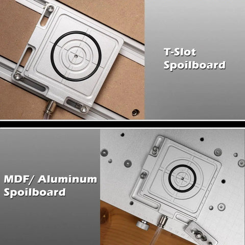Aluminum No Fuss Vacuum Clamp Pod For CNC Routers And Milling Projects, 4.7 X 4 X 0.6 Inch Workholding System installed on T-Slot and MDF/aluminum spoilboards.