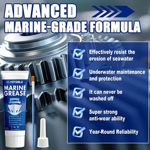 All Purpose Marine Grade Grease Tube Built To Last For Steering Cables, U Joints, Wheel Bearings, Throttle And Shift Cables, Waterproof Shield, Extreme Pressure Tough Formula, 50G tube next to mechanical part