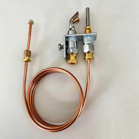 MCAMPAS Q314A4586 pilot burner with thermocouple kit; copper tubing and dual valve fittings on mounting block