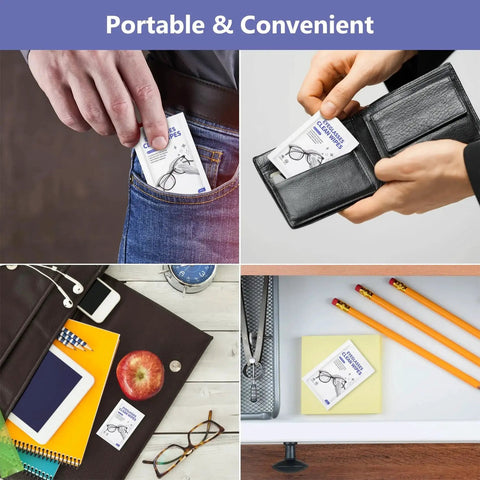 200 Pack Lens Wipes For Glasses And Devices Individually Wrapped in pocket, wallet, desk, and organizer for portable use.
