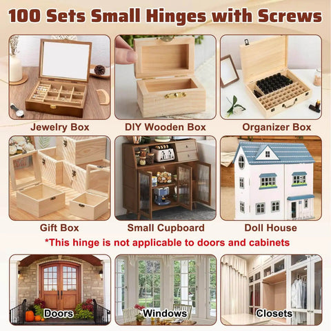 Image showing 100 sets of small hinges with screws on various boxes and dollhouses. Note: Hinges not usable on doors and cabinets.