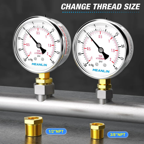 Stainless Steel Liquid Filled Vacuum And Pressure Gauge With Two And A Half Inch Dial, Lower Mount, One Quarter Inch NPT Inlet