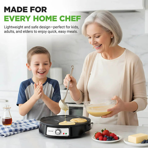 Woman using Electric Crepe Maker And Griddle 12 Inch Nonstick Reversible Hot Plate to make pancakes with child