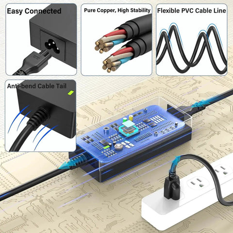 24V Foot Massager Charger Replacement Cord For Shiatsu Foot Massager Deep Kneading Machine With Heat Therapy Compatible With XH2400-2500; features pure copper wires, flexible PVC cable, anti-bend tail, and plug.