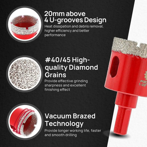 Close-up of Diamond Core Drill Bits Set For Porcelain Tile Ceramic Granite Marble with detail on 20mm U-grooves and diamond grains.