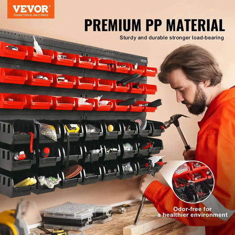 Man installing 48 Bin Wall Mounted Storage Bins Rack Organizer for Garage and DIY Shop Tools on a wall with durable wall panels