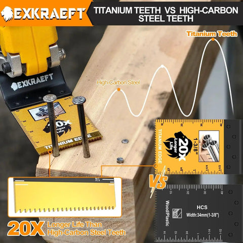 Close-up of 55 Piece Titanium Oscillating Tool Blades Set For Metal Wood Plastic with titanium vs high-carbon steel comparison