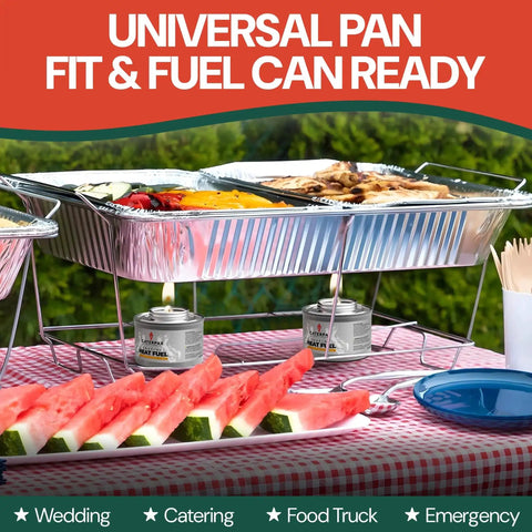 Pro Grade Fixed Chafing Rack For Catering Heavy Duty Plated Steel Chafer Stand with full size pans and fuel cans at event