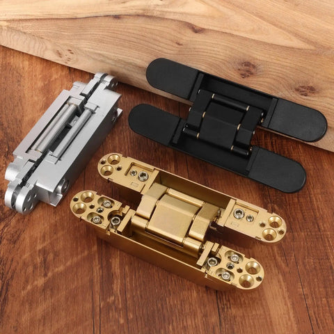 Hidden Door Hinges Set Two Pack Six Inch Three Way Adjustable Invisible Hinges With 180 Degree Swing Heavy Duty Concealed Hinges Load Bearing Up To 88 Lbs Silver Finish For Hidden Doors And Feature Walls shown in silver, black, and gold.