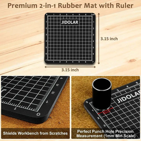 Premium 2-in-1 rubber mat with ruler for precise Pro Grade Leather Circle Cutter Tool Set measurements, workbench protection.
