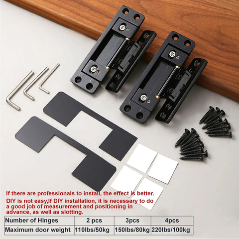 Hidden Door Hinges Ultra Thin Concealed Design With 110 Lb Load Capacity And Silent Adjustable Operation In Zinc Alloy Two Pack, 100 Degree One Way Opening, Low Profile Door Hardware For Stealthy, High Strength Installations displayed with installation tools and screws