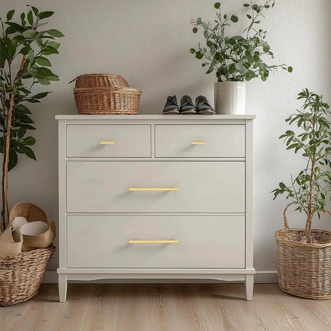 White dresser with Gold Cabinet Pulls 5 Inch Center To Center 6.4 Inch Overall Length Brushed Gold Drawer Hardware for Cabinets