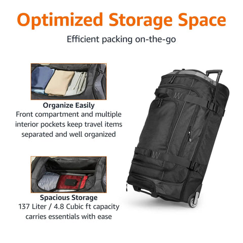 Massive 35 Inch Rolling Duffle With Wheels And Telescoping Handle For Easy Travel, showcasing storage compartments and pockets
